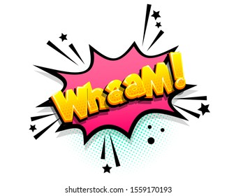Wham cartoon funny retro candy comic font. Explosion isometric text shock phrase pop art. Colored comic text speech bubble. Positive glossy sticker cloud vector illustration.