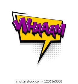 Wham comic text collection sound effects pop art style. Set vector speech bubble with word and short phrase cartoon expression illustration. Comics book colored background template.