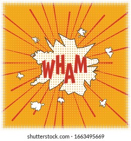 WHAM! Poster in the style of a cartoon cartoon pop art with elements of halftones and speed lines, speech bubbles and red letters on a yellow background. Vector.