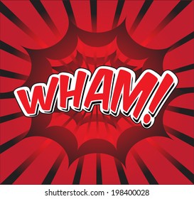 WHAM! wording in comic speech bubble in pop art style on burst background