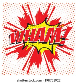 WHAM! wording in comic speech bubble in pop art style on burst background