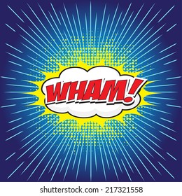 WHAM! wording in comic speech bubble in pop art style on burst background