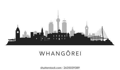 Whangarei Skyline Silhouette with New Zealand, and Cityscape.