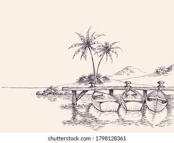 Wharf drawing, empty boats and palm trees on sandy beach