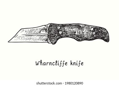 Wharncliffe knife type. Ink black and white drawing outline illustration