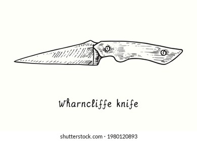 Tipo de cuchillo Wharncliffe. Ilustración del esquema de dibujo en blanco y negro con tinta