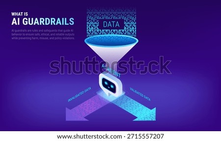 What is AI Data Guardrails infographics - workflow diagram technology vector. AI agent acts as a smart filter to control data access, usage, and sharing for AI safety, data security, and privacy