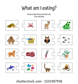 What am I eating? animal food Puzzle game for children. Educational card for preschoolers. Zoology lesson, home schooling.