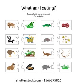What am I eating? Animal food puzzle game for children. Zoo education of preschoolers. activity for kids. Logical quiz worksheet
