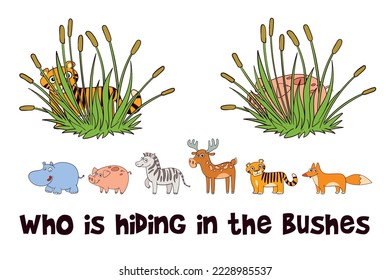 What animal is hiding in the bush. Educational game for children. Kids puzzle for the little ones. Colorful cartoon characters. Funny vector illustration. Isolated on white background