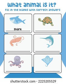What animal is this printable worksheet. See and write the correct animal's names. Educational worksheet for preschool. Vector illustration.