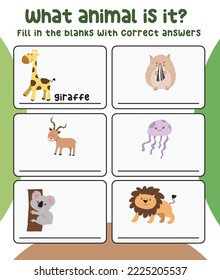 What animal is this printable worksheet. See and write the correct animal's names. Educational worksheet for preschool. Vector illustration.