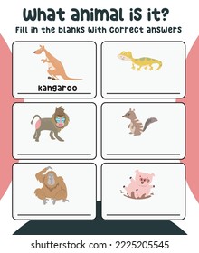 What animal is this printable worksheet. See and write the correct animal's names. Educational worksheet for preschool. Vector illustration.