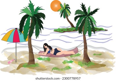 What a beautiful summer in the beach amidst walnut palms with a hanging bed with blue waves