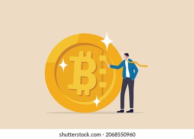 What Is Bitcoin And Blockchain Technology, Knowledge Or Crypto Currency Technology, Blockchain Class And Education Concept, Businessman Expert Explain Blockchain Technology On Golden Bitcoin Coin.