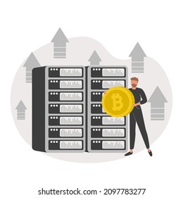 What is Bitcoin and blockchain technology, knowledge or crypto currency technology, blockchain class and education concept, businessman expert explain blockchain technology on golden Bitcoin coin.