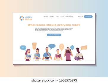 What books should everyone read landing page template. Young smiling people reading books cartoon vector illustration. Reviews of most interesting and popular books. Bestsellers and masterpieces guide