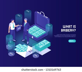 What is bribery abstract color background with businessman official and briefcase with money isometric vector illustration