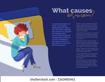 What Causes Insomnia Banner Vector Template. Sleepless Woman Lying In Bed Cartoon Character. Medical Journal Research Article With Flat Illustrations. Sleeplessness, Wakefulness Concept