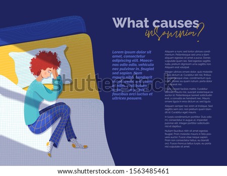 What causes insomnia banner vector template. Sleepless woman lying in bed cartoon character. Medical journal research article with flat illustrations. Sleeplessness, wakefulness concept