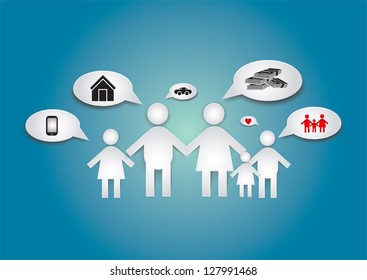 What the child really want from the family is love and care from their parents in 3D Paper sign symbol with father mother and boy girl children with speech Bubble and blue background texture vector