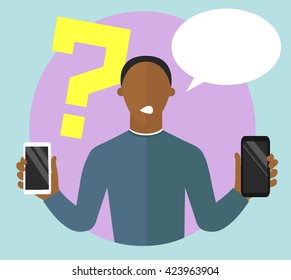 "What to choose" concept illustration. Black person doubts. Doubtful, choosing young man. Flat vector sign. Smartphone purchase conception. Mobile phone selection.