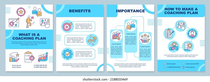 What is coaching plan blue brochure template. Team building. Leaflet design with linear icons. Editable 4 vector layouts for presentation, annual reports. Arial-Black, Myriad Pro-Regular fonts used
