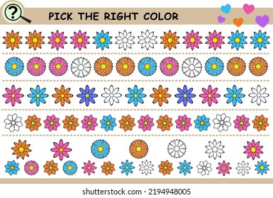 What color comes next, pick the right flower color. Educational logical game for children. Vector illustration.