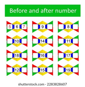 Qué viene antes y después. Hojas de cálculo matemáticas para niños. Ilustración vectorial.
