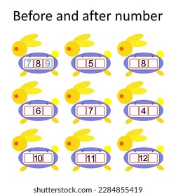 What comes Before and After. Math worksheets for kids. Vector illustration.