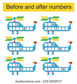 What comes Before and After. Math worksheets for kids. Number range up to 10. Vector illustration.
