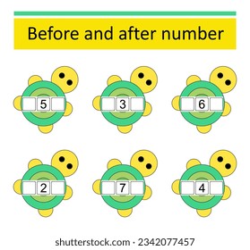 Qué viene antes y después. Hojas de cálculo matemáticas para niños. Rango de números hasta 10. Ilustración vectorial de la tortuga de dibujos animados.