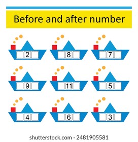 What comes Before and After. Math worksheets for children. Number range up to 15. Vector illustration of cartoon paper boat.