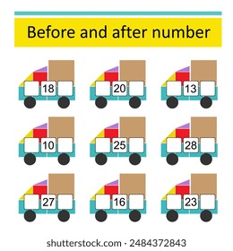 What comes Before and After. Math worksheets for children. Number range up to 30. Vector illustration of cartoon truck.