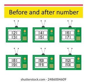 What comes Before and After. Math worksheets for children. Number range up to 15. Vector illustration of cartoon TV retro.