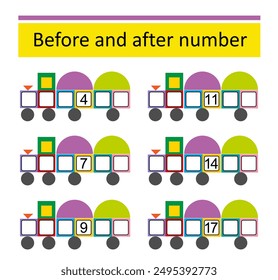 Lo que viene antes y después. Hojas de cálculo de matemáticas para niños. Rango de números hasta 20. Ilustración vectorial de dibujos animados.