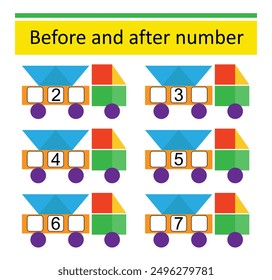 What comes Before and After. Math worksheets for kids. Number range up to 10. Vector illustration of cartoon car.