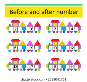 What comes Before and After. Math worksheets for kids. Number range up to 15. 