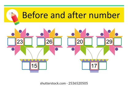 What comes Before and After. Math worksheets for kids. Number range up to 30. 