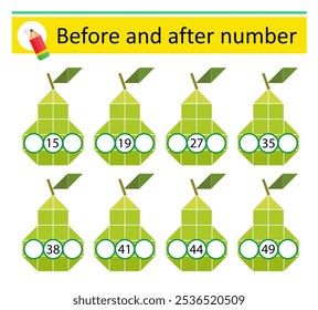 What comes Before and After. Math worksheets for kids. Number range up to 50.