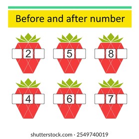 What comes Before and After. Math worksheets for kids. Number range up to 10. Vector illustration of cartoon strawberry.