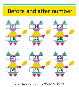 What comes Before and After. Math worksheets for kids. Number range up to 40. Vector illustration of cartoon animal.