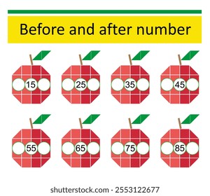 What comes Before and After. Math worksheets for kids. Number range up to 90. 