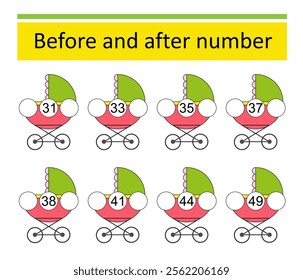 What comes Before and After. Math worksheets for kids. Number range up to 50. Vector illustration of cartoon baby carriage.