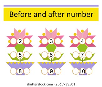 What comes Before and After. Math worksheets for kids. Number range up to 10. Vector illustration of cartoon flowers.