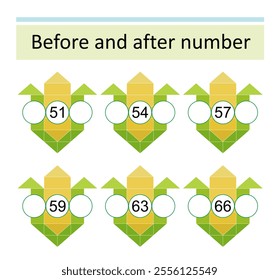 What comes Before and After. Number range up to 70. Vector illustration of cartoon corn.