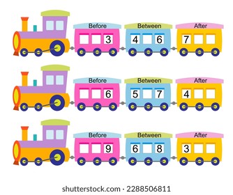 What comes before, between, after. Math worksheets for kids. Vector illustration.