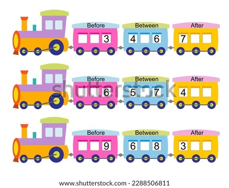 What comes before, between, after. Math worksheets for kids. Vector illustration.