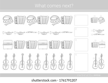 What comes next? Children educational game. Musical instruments. Coloring page.
