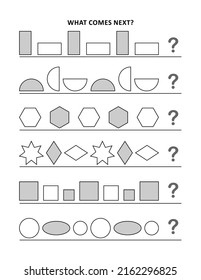 What comes next? Circle or draw the shape to continue the row. Sequential patterns recognition activity worksheet with basic shapes.
